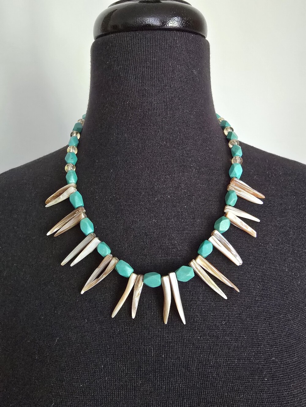 Boho Style Turquoise Bead and Shell Spike Necklace